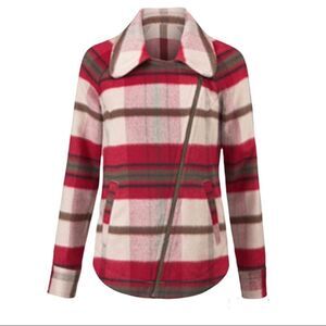 Cabi Women Limited Edition Shelter Bomber Jacket Sm Red Brown Cream Plaid Zip Up